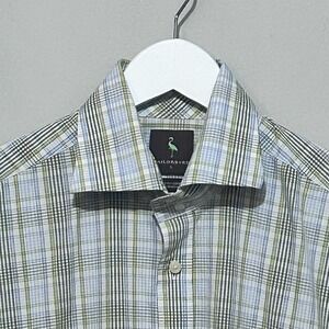 TailorByrd Men's L Plaid Dress Shirt Green Blue 100% 2-Ply‎ Cotton Hong Kong
